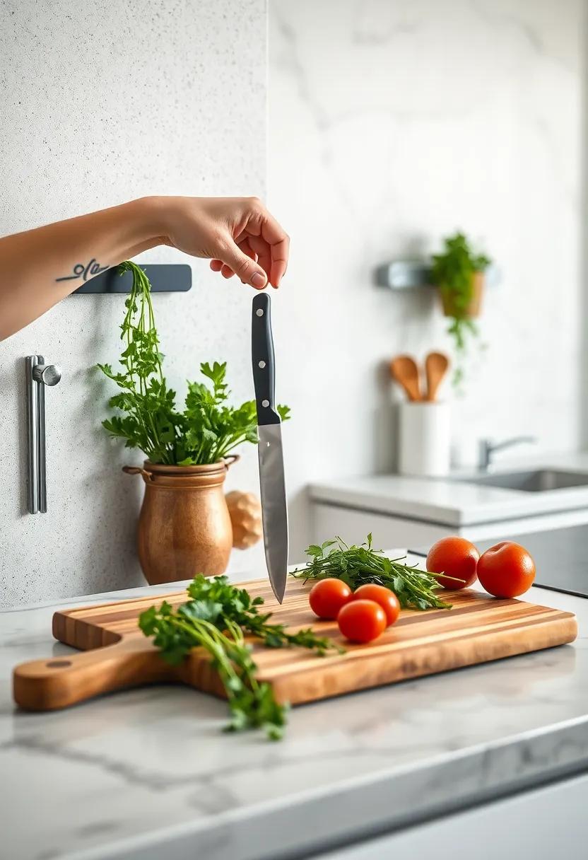 Hand‌ Reaching for A Knife From A Magnetic Strip Surrounded by Fresh Herbs and ⁢Cutting Board Setup