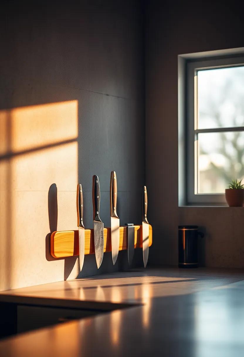Warm Morning Light⁣ Casting Shadows Over Knives ​On‍ A Copper Magnetic Strip In A Cozy Kitchen Nook