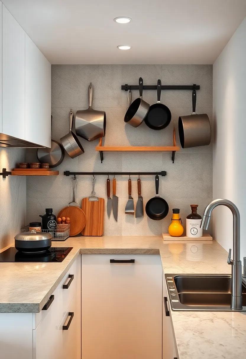 Compact And Functional Kitchen⁣ Featuring Magnetic⁢ Knife Strips Alongside Hanging Pots And Pans ​Display