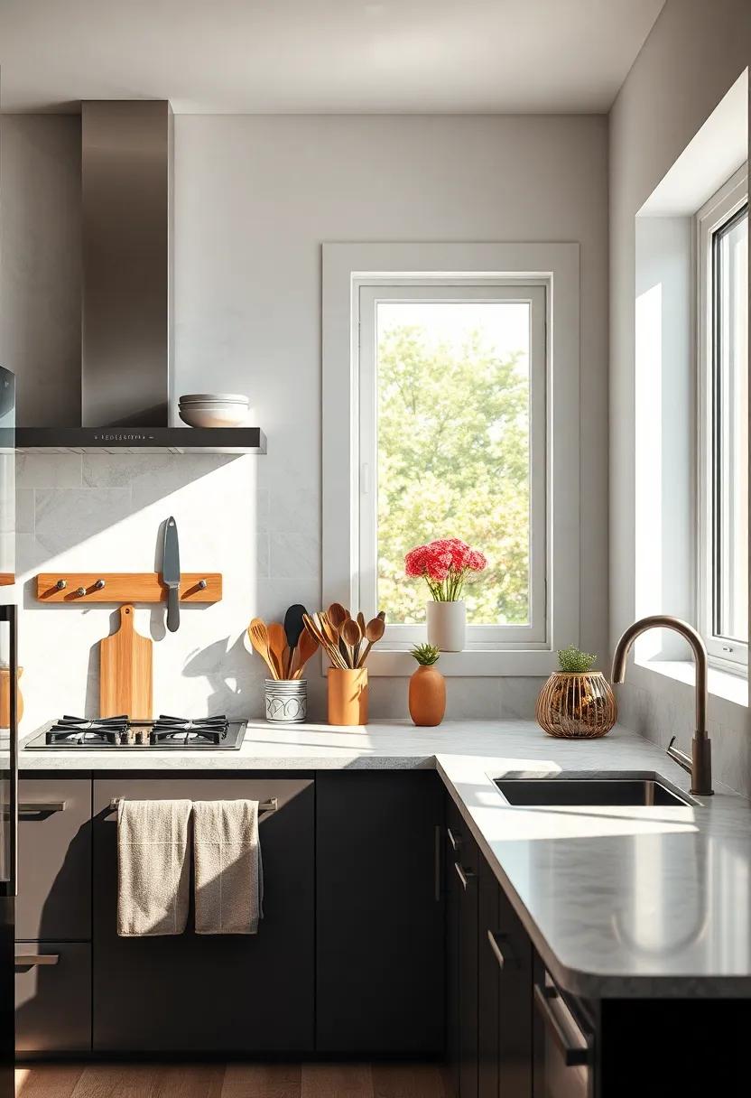 Sunlit Small Kitchen featuring Magnetic Knife Strips Near Window Emphasizing Bright and ⁤Airy Environment