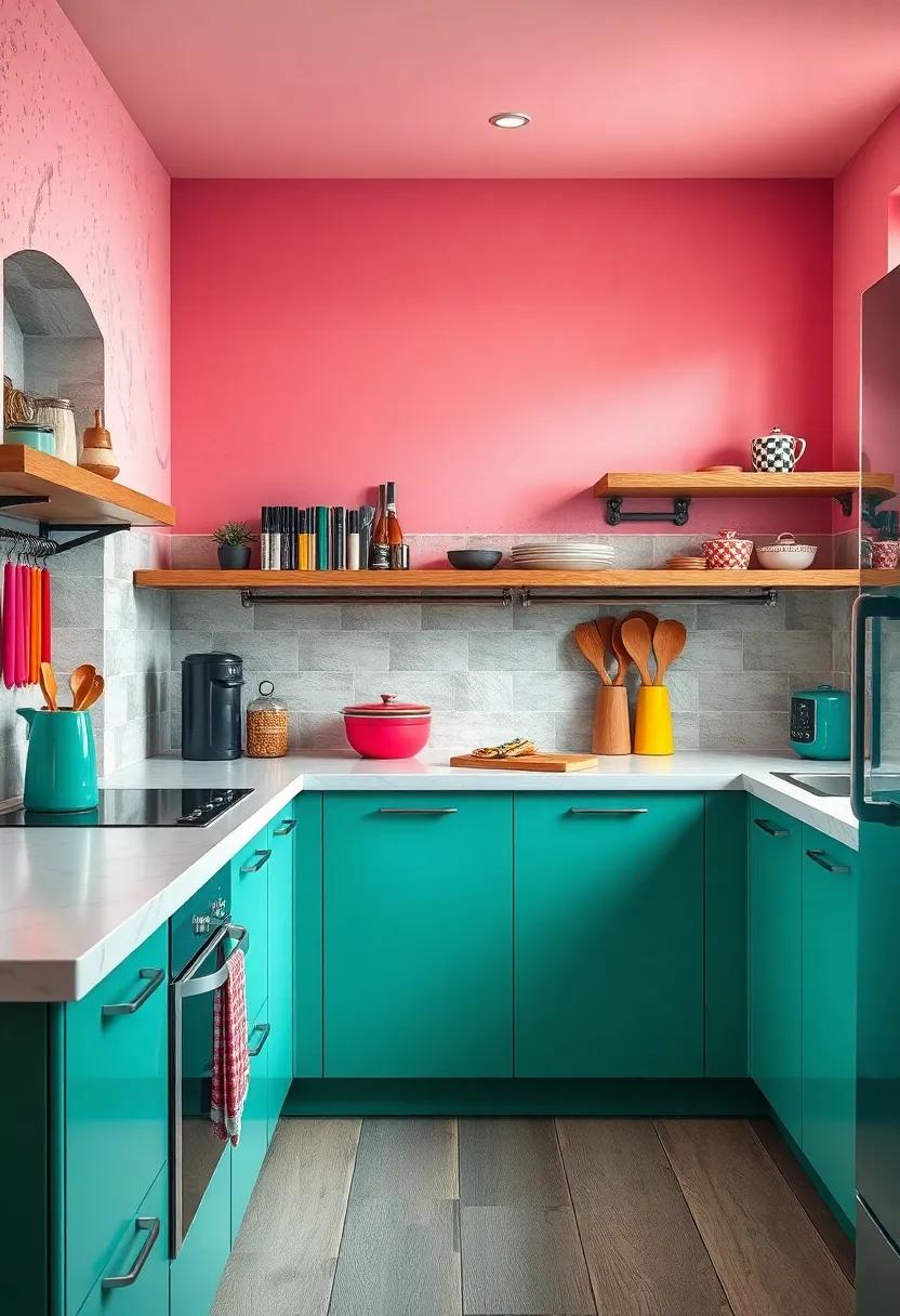 Vibrant⁤ kitchen With Colored Magnetic knife Strips Coordinated With Matching Appliances And Utensils