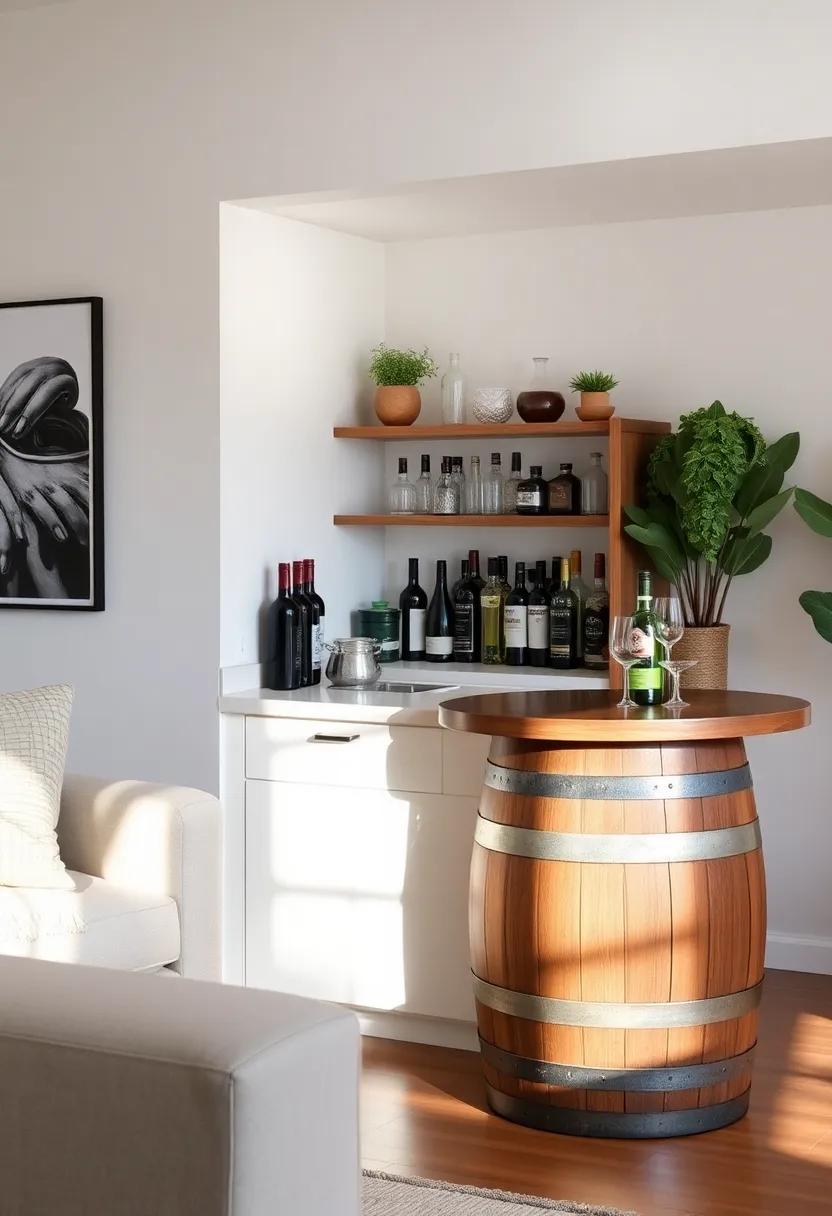 Upcycled Barrel ​Bar: Use a wine⁤ barrel as⁣ a charming base for your bar setup, creating a rustic vibe that adds ​character ‍to your living space