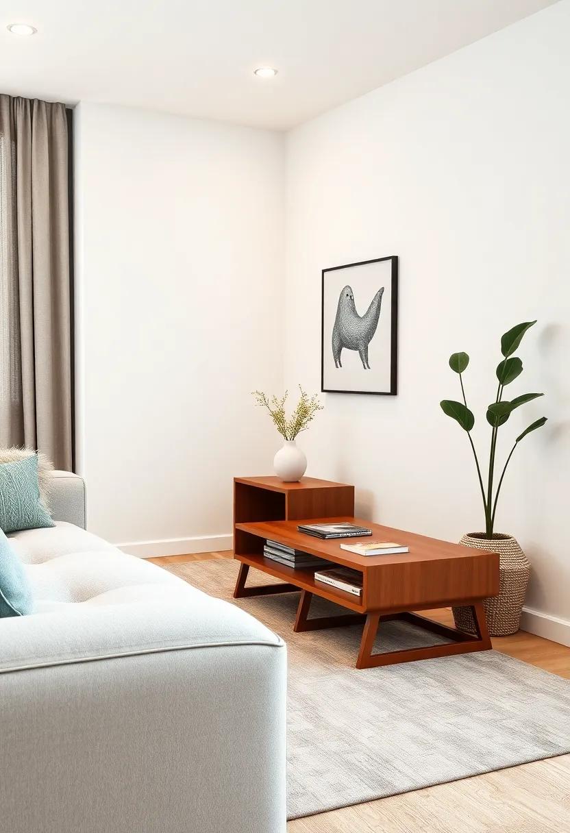 Breathe life into ‍a ⁢small living room‌ enhanced⁤ by‍ an artistically⁢ designed foldable⁤ side table that showcases clever use of​ space and serves ‌as⁢ an unconventional storage solution