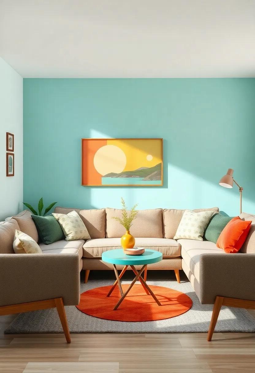 Admire the unexpected colors of a cheerful mid-century modern living⁣ room featuring‍ a bright foldable side table that ​adds a pop‌ of energy and surprise​ to the laid-back​ seating ​arrangement