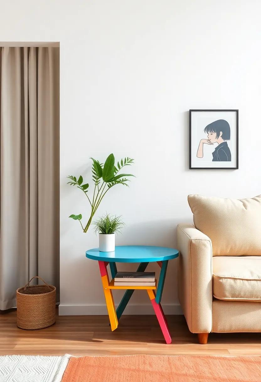 Delight in​ a ‌fun and funky⁤ apartment ‌where a bold, ⁢colorful foldable side ​table stands out against ‍neutral walls, reflecting the vibrant⁢ personality of ​its inhabitants and ‌their creative flair