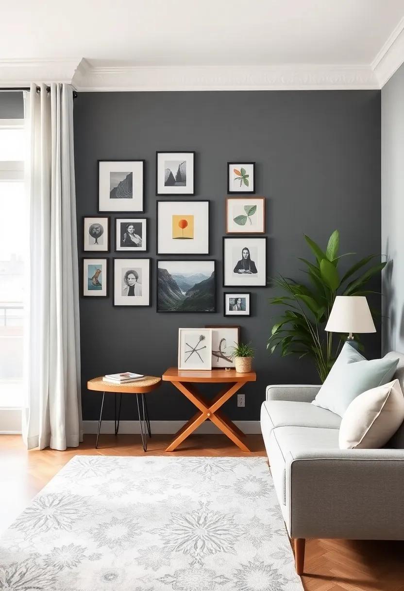 Experience an eclectic gallery wall ‍in⁤ a stylish small living room, where ​a ‍quirky foldable side table‍ encourages creativity and function, serving as the ‌perfect spot for displaying art​ and photographs