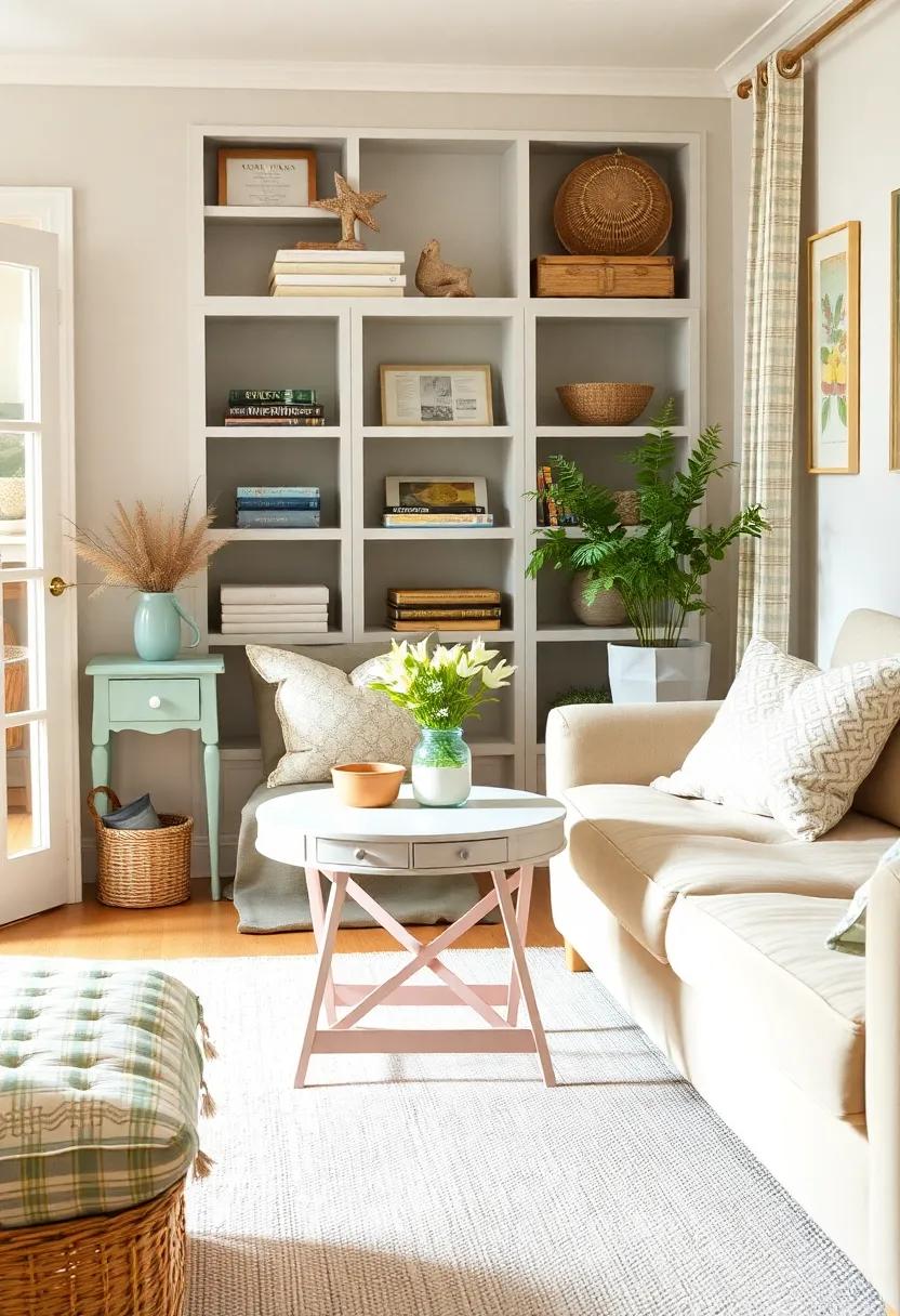 Step into a delightful cottage-style living room ​where a whimsical foldable side table, painted‍ in vintage hues, adds character and becomes an engaging focal⁢ point‌ among ‍the soft pastels