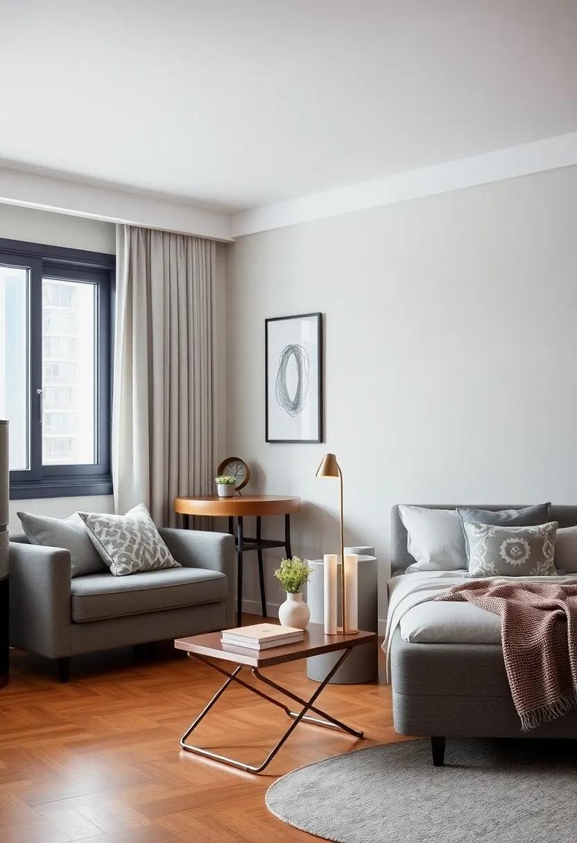 Unveil the sophistication of​ a modern city dwelling showcasing⁣ a metal foldable side table that cleverly doubles as‌ a ‌nightstand,⁤ enhancing the versatility of the ⁢open-plan living area