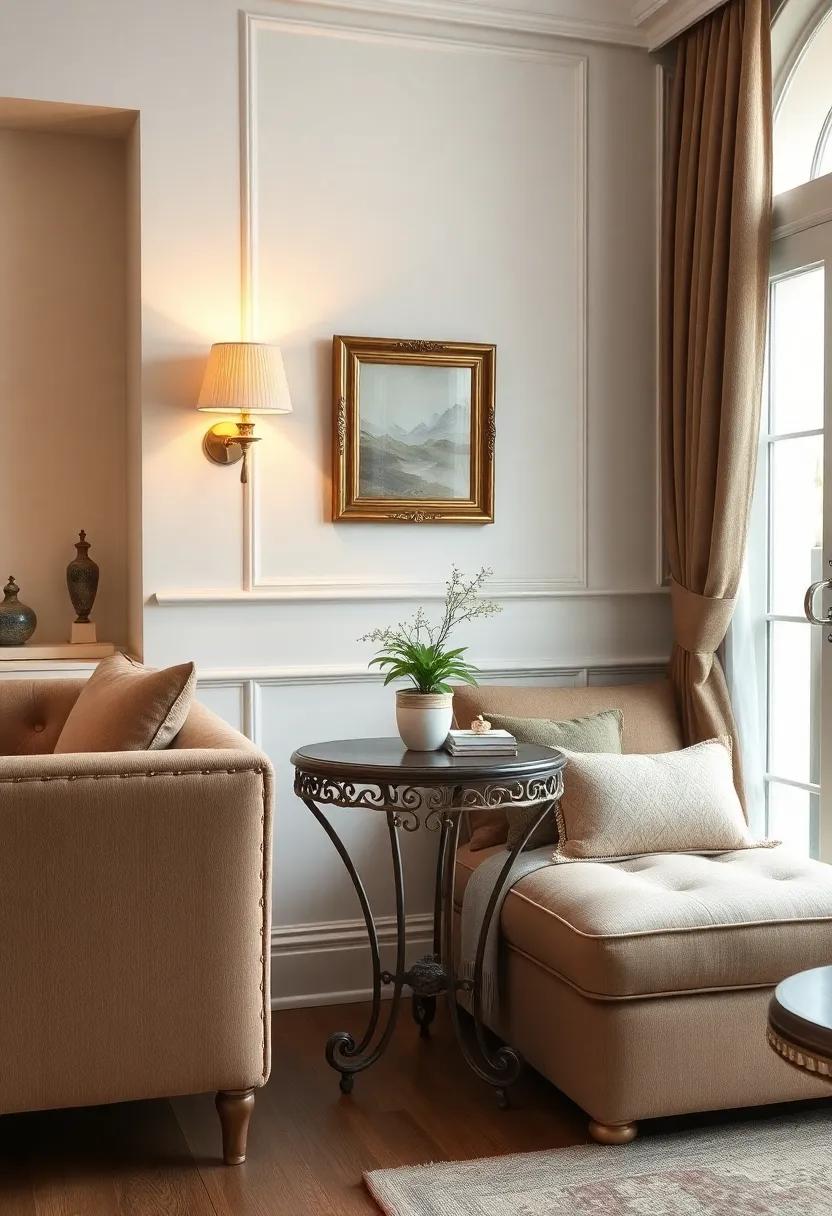 Discover ‌a charming ‍French-inspired salon featuring an ‍ornate ⁢foldable side table that brings classic elegance to the space, showcasing the beauty⁣ of vintage decor ‌methods in small living areas