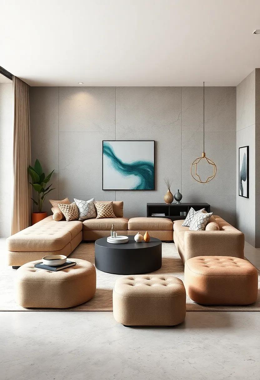 Contemporary Geometric Modular Ottomans​ Arranged as Dynamic Seating Clusters for Flexible Room Layouts