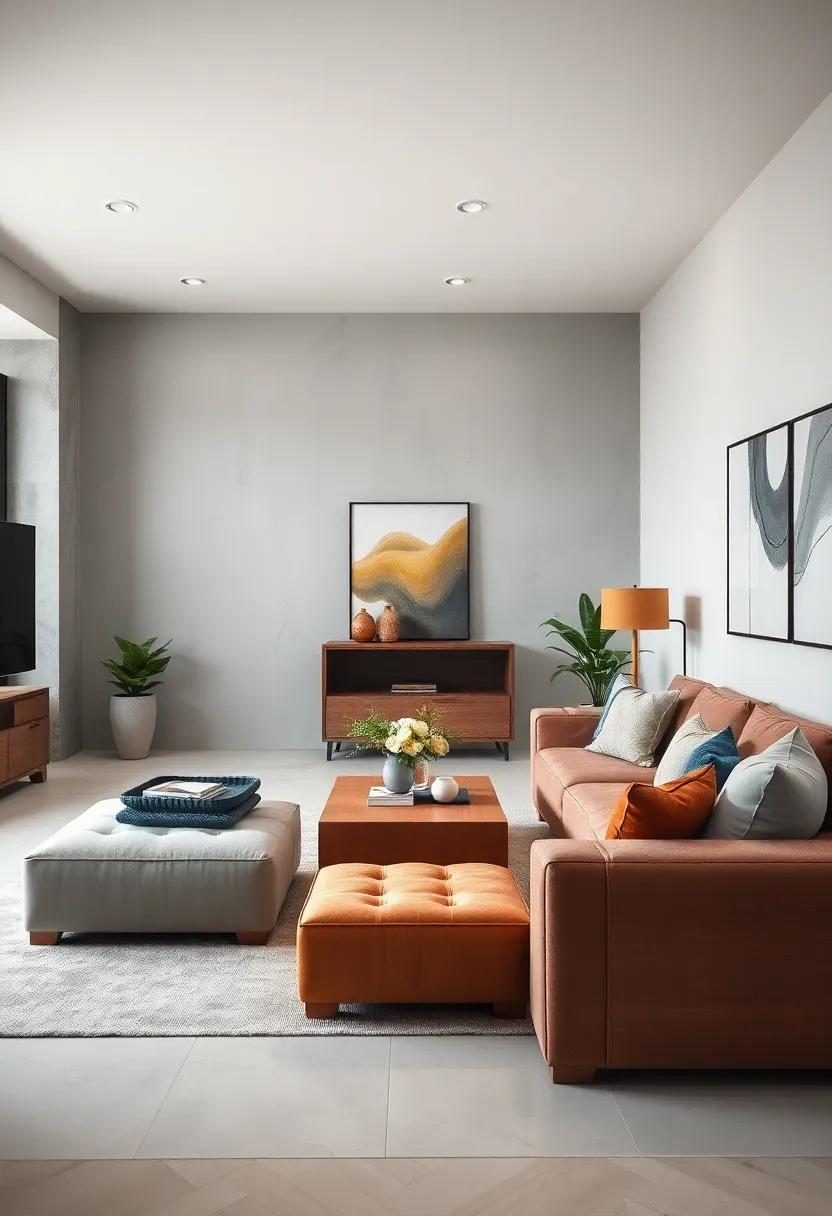 Monochromatic Small Living Rooms Featuring Modular Ottomans in Various Shades of Gray for Subtle⁤ Sophistication