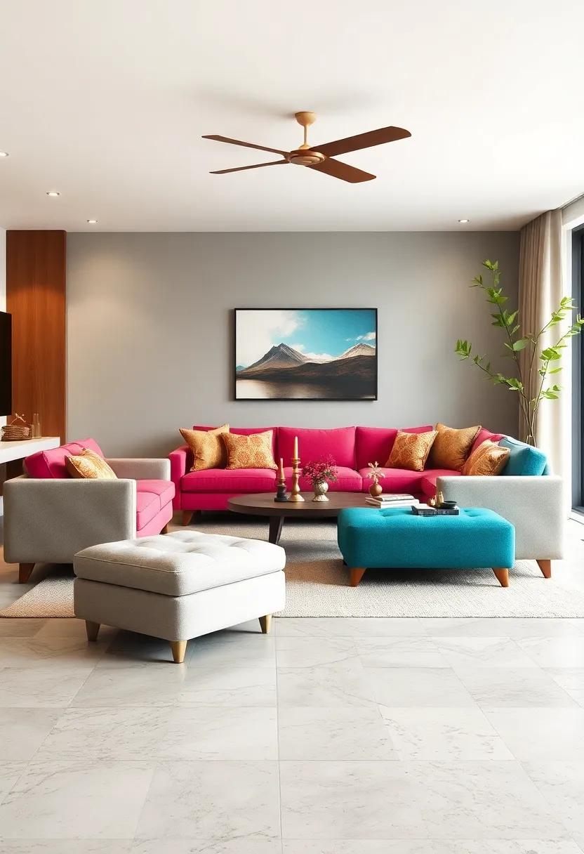 Mid-century Modern Modular Ottomans With Tapered Legs⁣ and Bold Colors Defining Retro-Chic Small Spaces