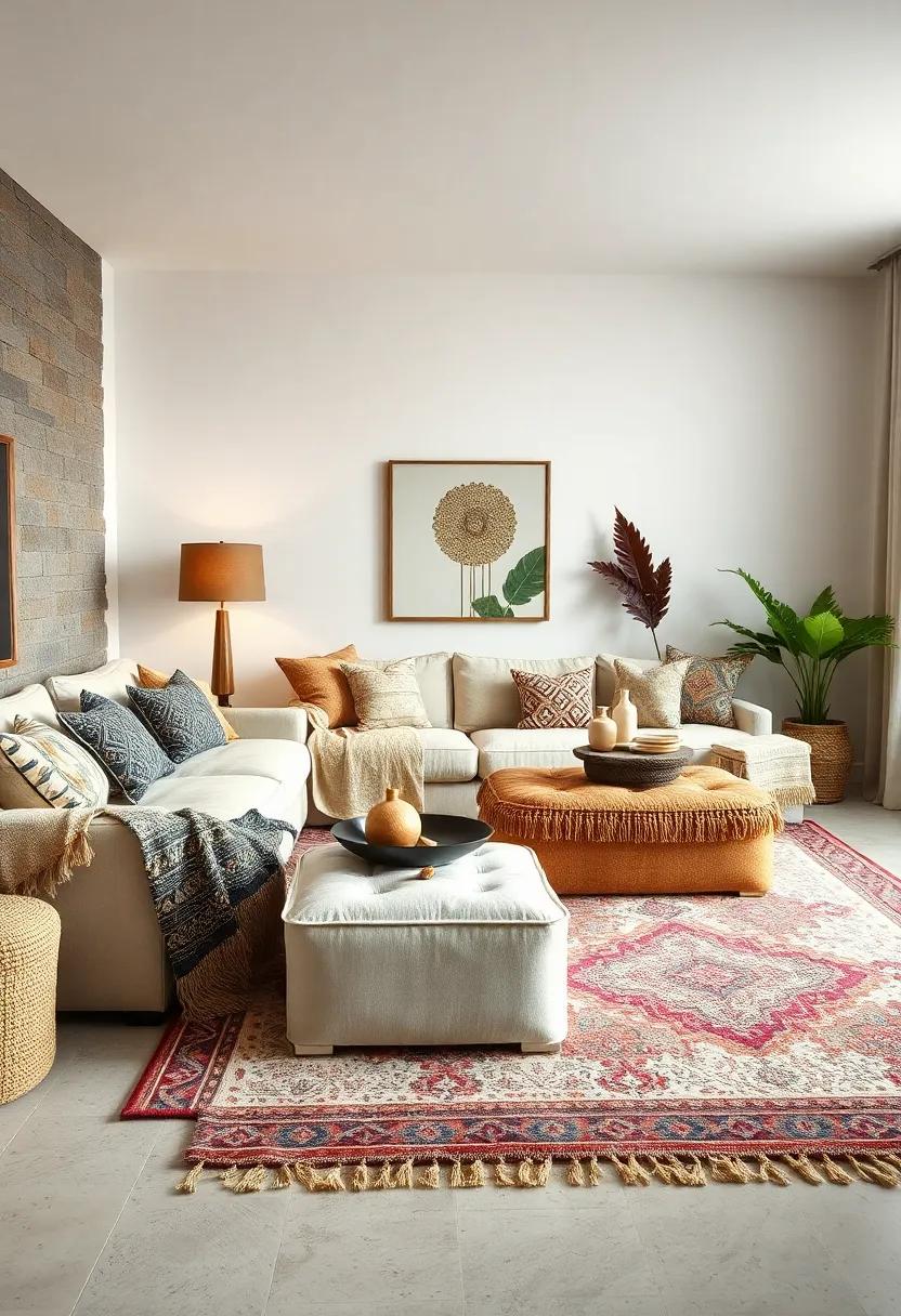 Bohemian Modular Ottomans Showcasing Eclectic Patterns, Tassels, and‍ Layered Rugs ​for a warm Ambiance