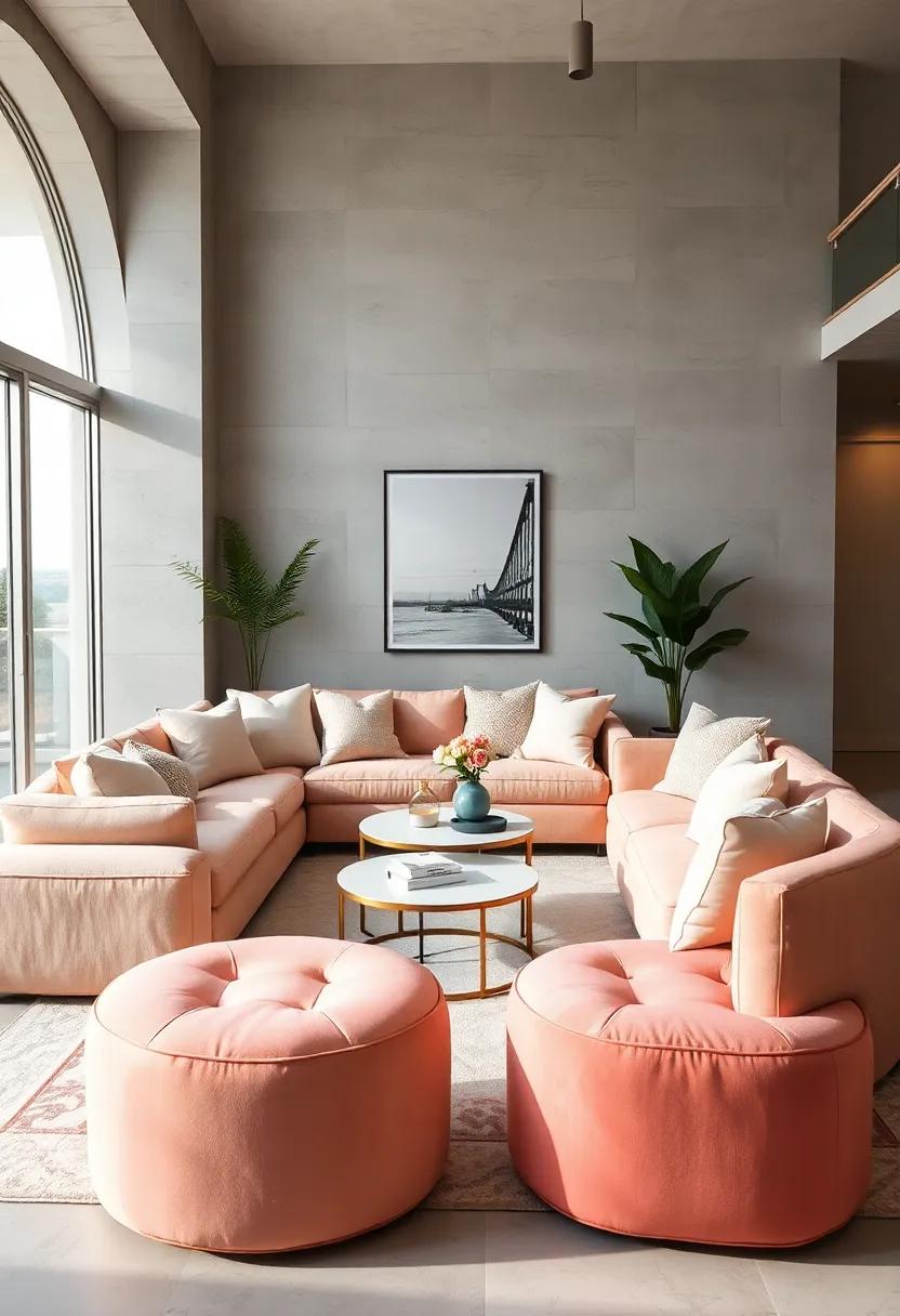 Soft‌ Pastel Ottomans Arranged around ​Minimalist Coffee Tables for Serene and Inviting Room Composition
