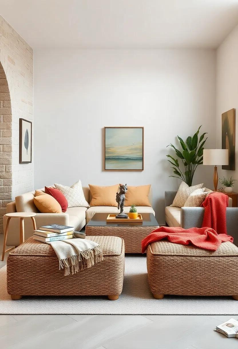 Rustic Woven ​Storage Ottomans with cozy Throws Adding Warmth and Texture to Compact Country-Style Rooms