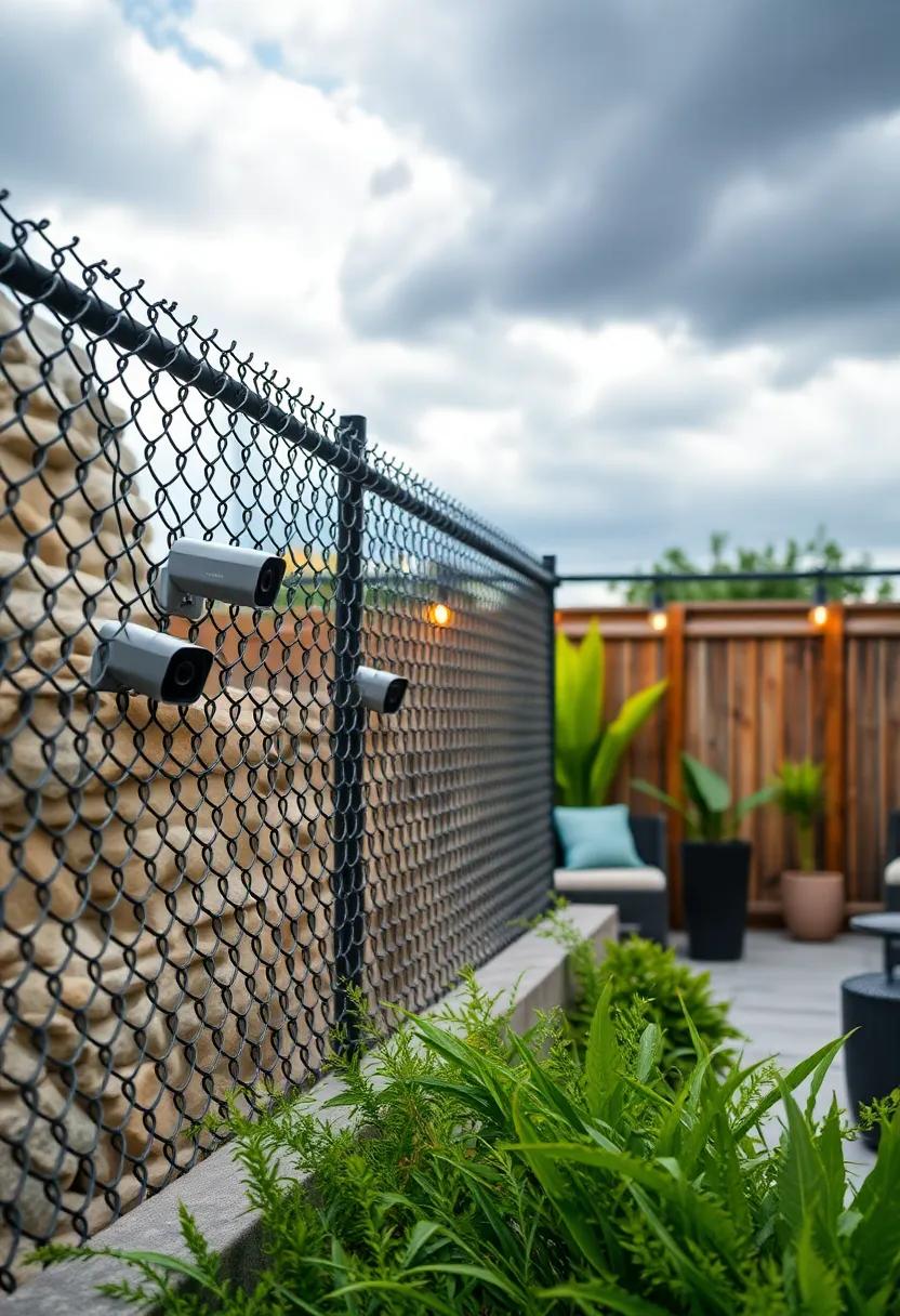 Brushed Steel Smart Cameras Camouflaged on Industrial-Style Chain Link Fences Under Moody Overcast Skies