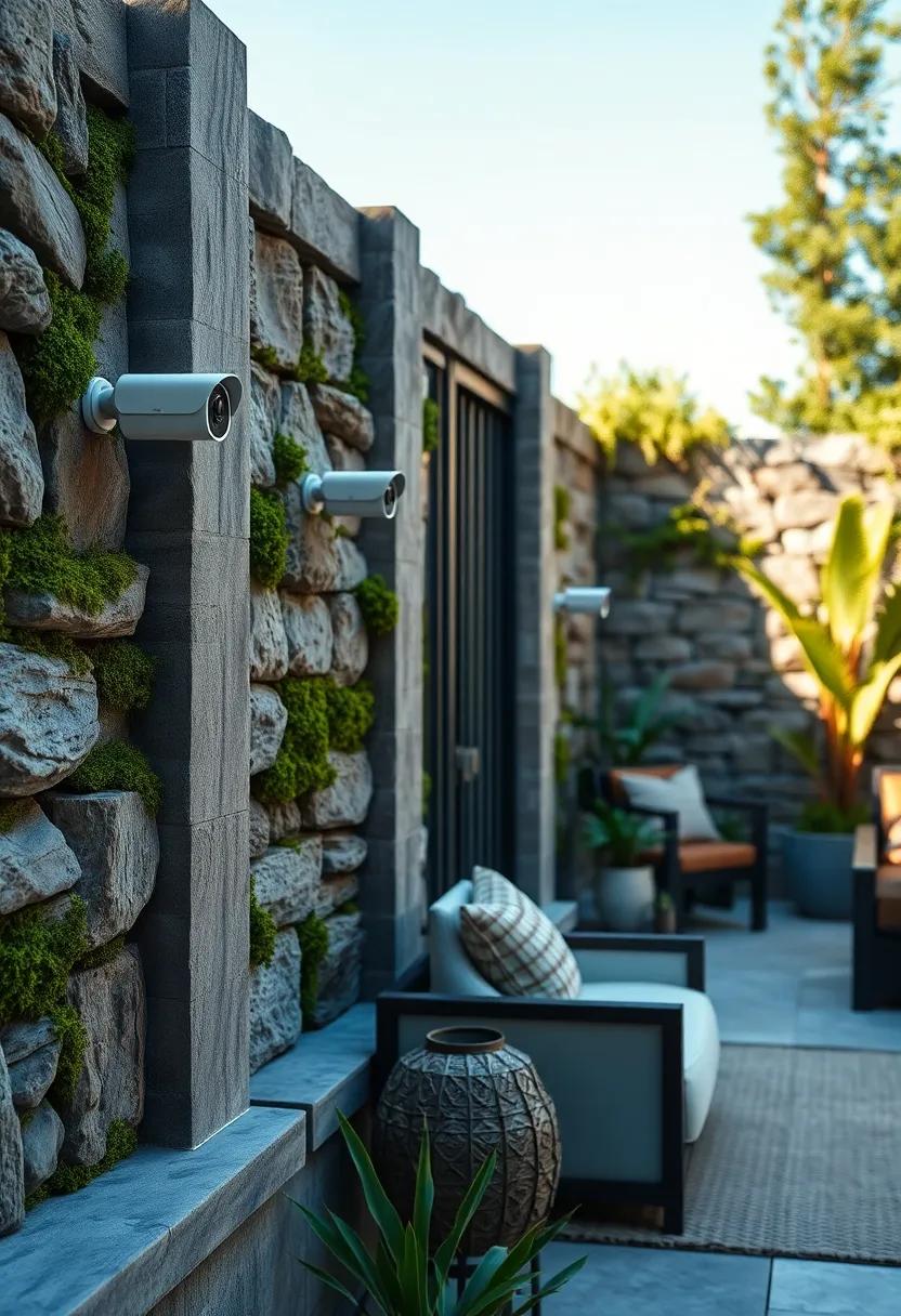 Close Inspection of Smart Cameras Blending into Traditional Stone Wall Fencing with Moss​ and Lichen Accents