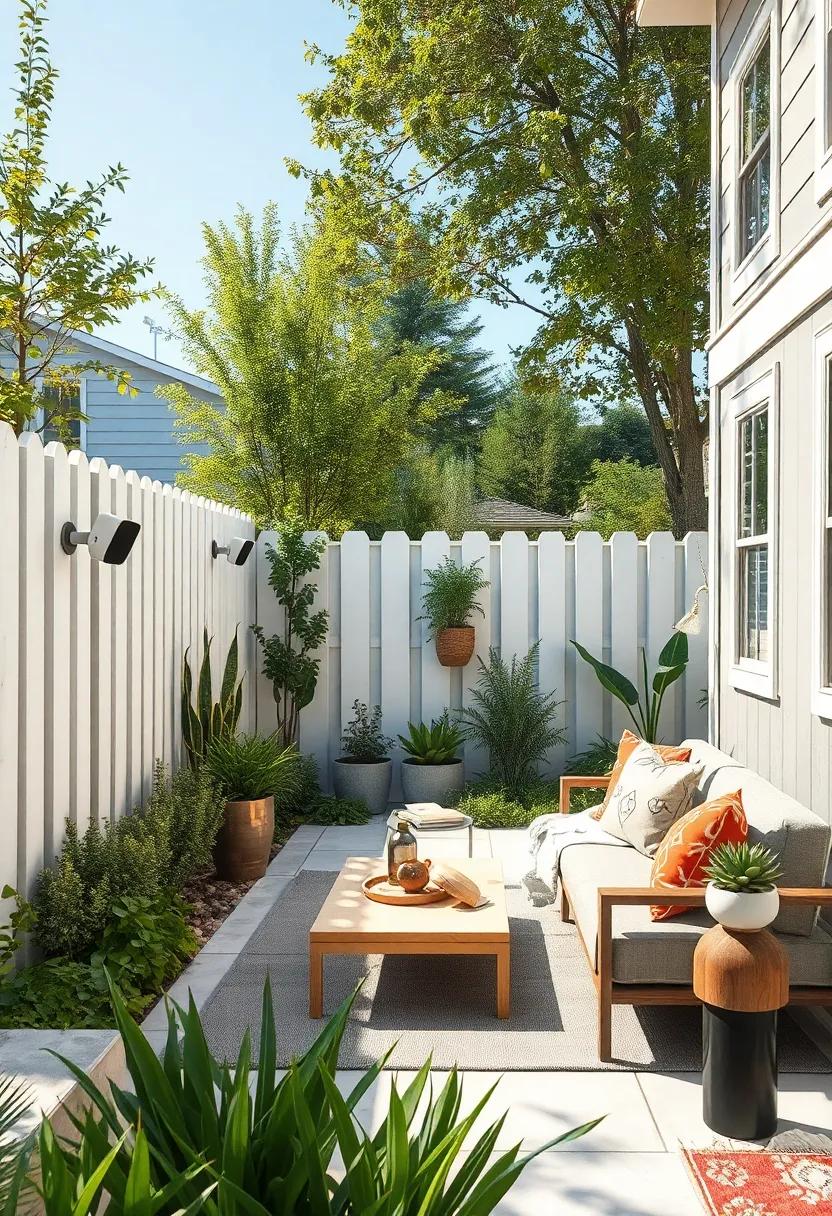 A Quiet Watcher: Modern ​Surveillance Cameras Nestled Within Rustic White Pickett Fences in a Sunny Suburban Yard