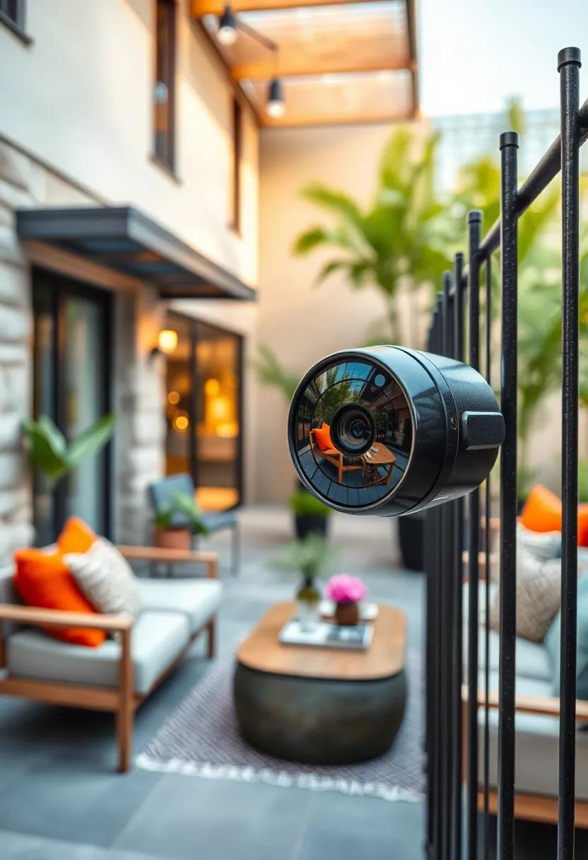 Reflective Lens⁣ Capturing Vibrant Street Life from an Almost Invisible Device ⁢Attached to Minimalist Metal Fencing