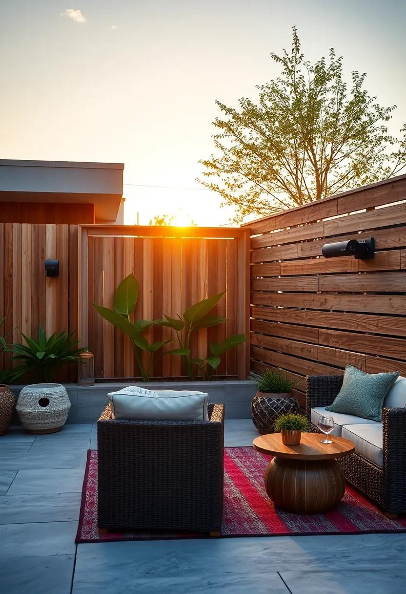 Warm Golden Hour Light Bouncing off⁢ Compact security⁤ Cameras Camouflaged in Weathered Wooden Privacy Barriers