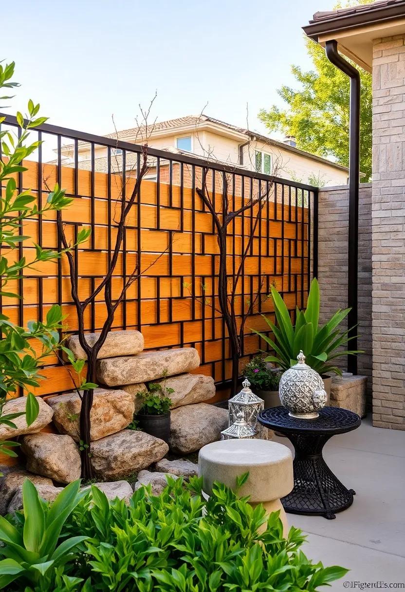 Nature-inspired Harmony: River rocks stacked with twisted ‌iron branches mimic natural elements, blending your fence seamlessly with garden foliage