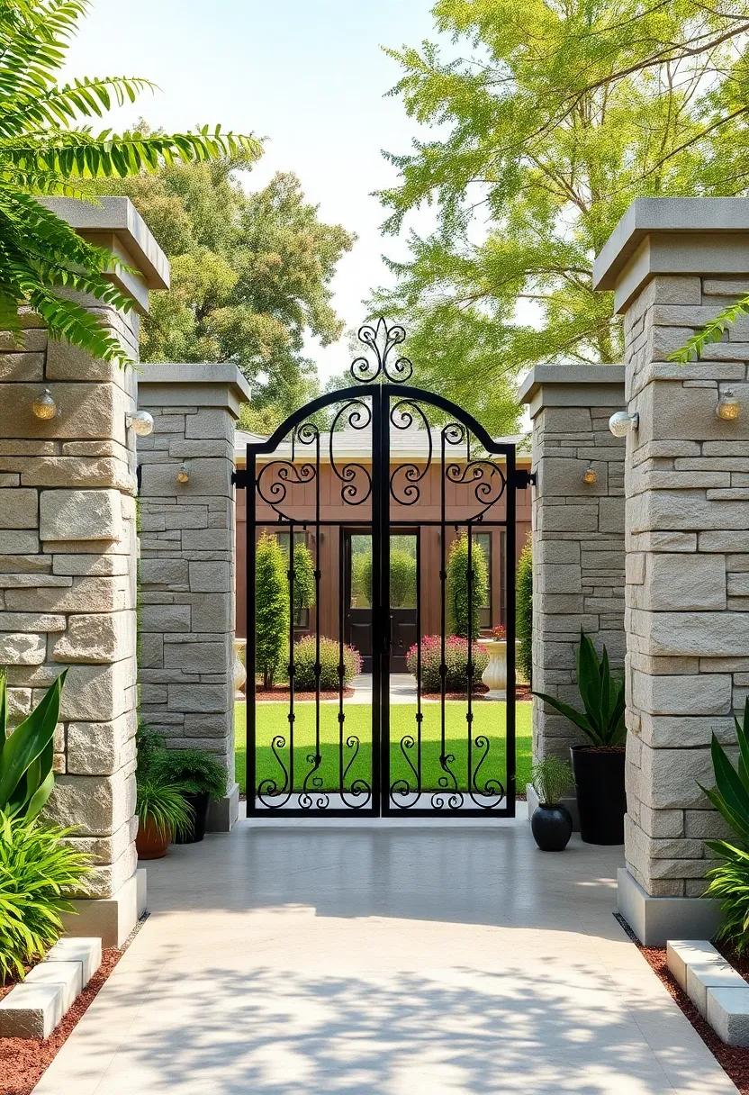 Vintage Elegance: Sandstone blocks mixed with delicately crafted ironwork featuring floral motifs bring ⁣a romantic and classic touch to your ‌garden boundaries