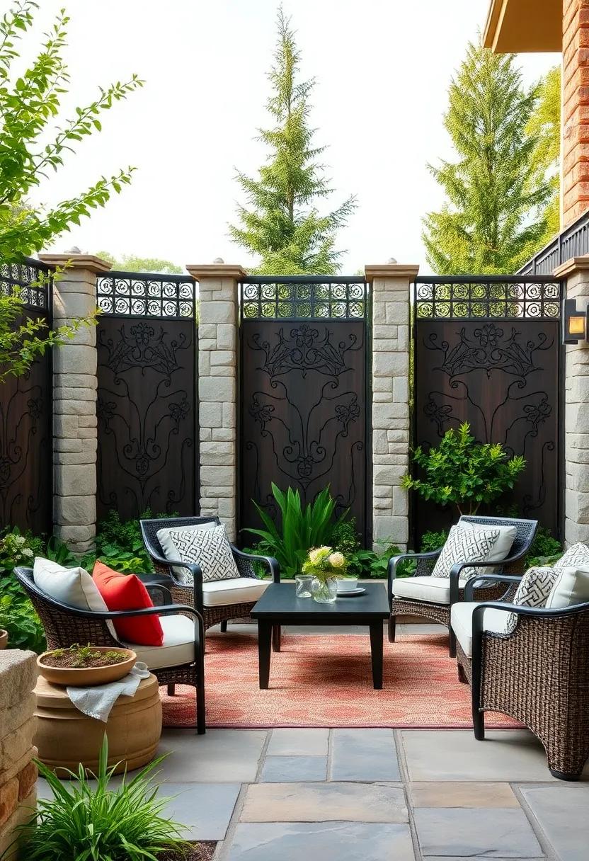 Mountain ‌Lodge: Heavy stone bases coupled with blackened iron panels etched with nature motifs enhance the rugged beauty of alpine gardens