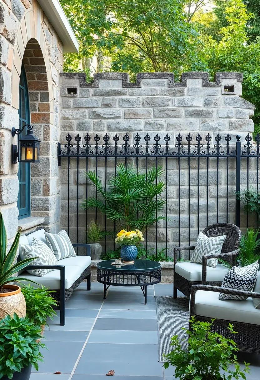 Medieval Inspiration: Large, weathered stones carrying wrought iron fencing with heraldic ⁢designs evoke the charm of ancient castles