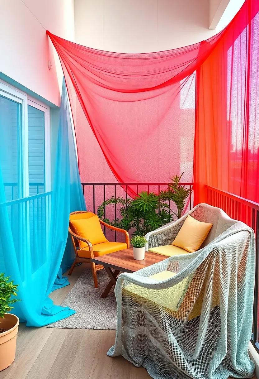 Colorful⁤ Outdoor Furniture Draped in Protective ‌Mesh Covers on a Balcony