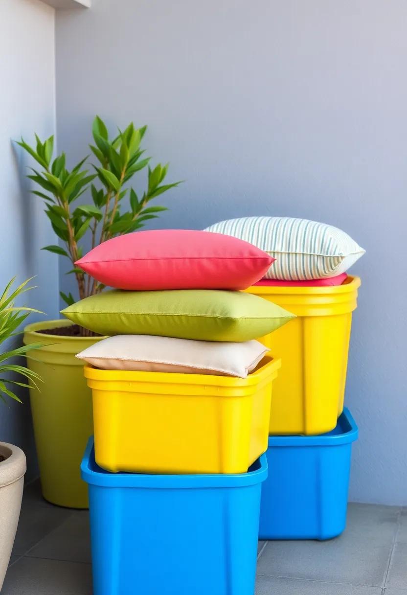 Neatly Arranged Outdoor Cushions Stored in⁣ Vibrant Weather-Resistant Containers