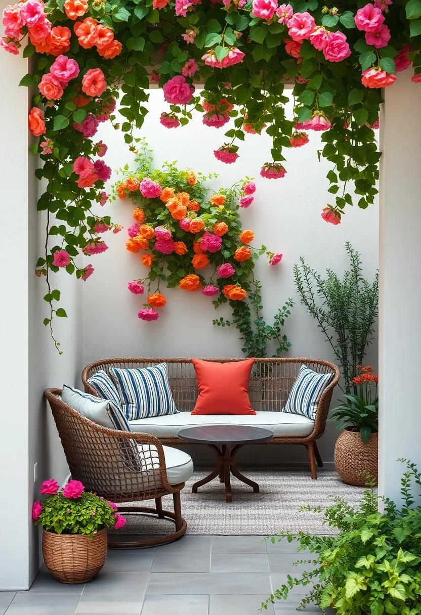Cozy Outdoor Seating Tucked Beneath⁢ Vibrant Flowering Vines⁣ in a Quiet Corner
