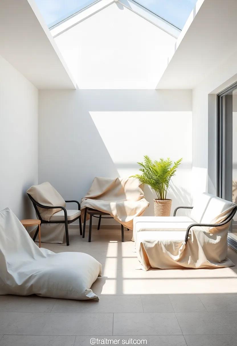 Bright Sunlit‍ Room Holding Disassembled Patio Furniture Wrapped in Soft Covers