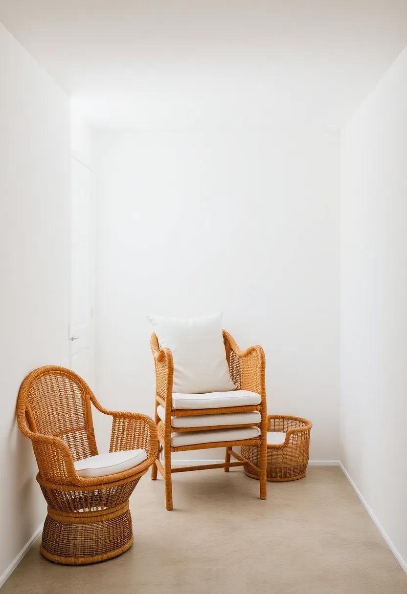 Stacked Rattan Chairs Secured with Soft Covers Inside a Minimalist Storage Room
