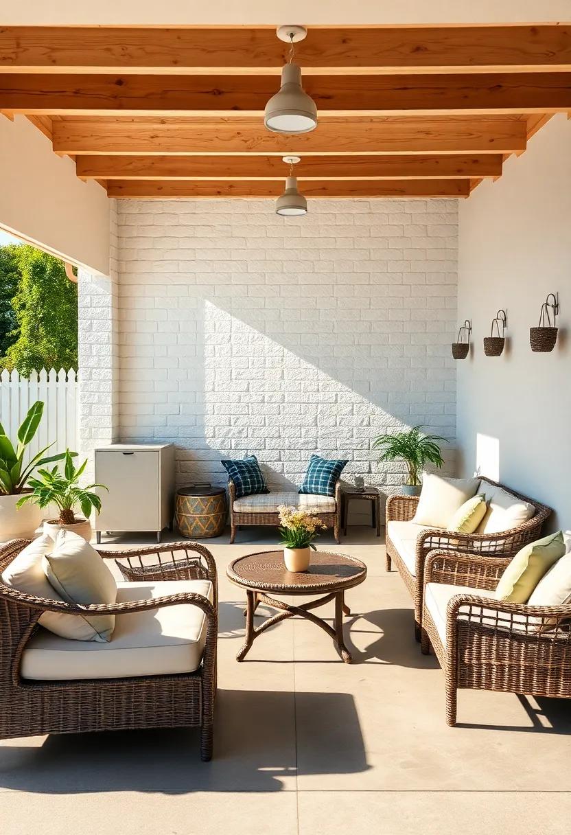 Sunlit Garage Space Dedicated​ to Carefully Arranged Garden Lounge Sets and Tables