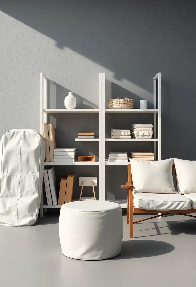 Minimalist Shelving Units Filled with Foldable Patio Pieces and Protective Covers