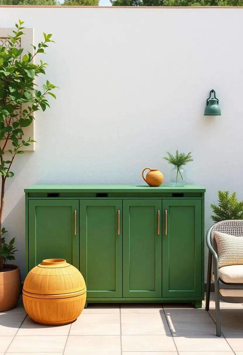 Modern Green‌ Storage Cabinets Blending Seamlessly with Backyard Garden Aesthetics