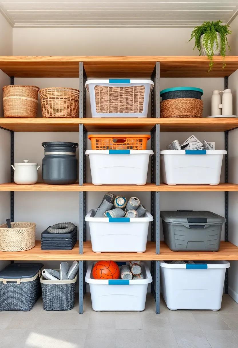 Organized⁤ Shelves with Neatly‍ Stacked Plastic Bins Filled with Outdoor⁣ Accessories