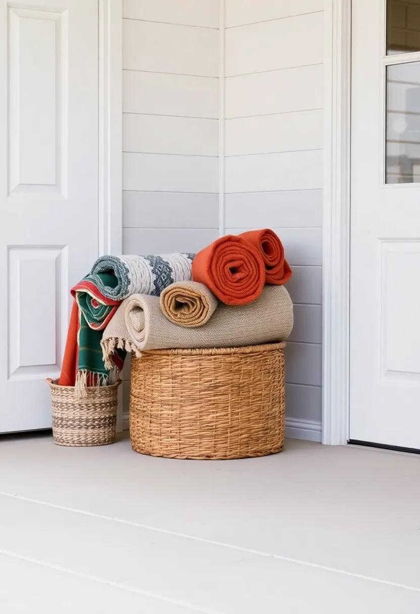 Organized Pile of Outdoor rugs Rolled and Stored in a Decorative Basket Near Doors