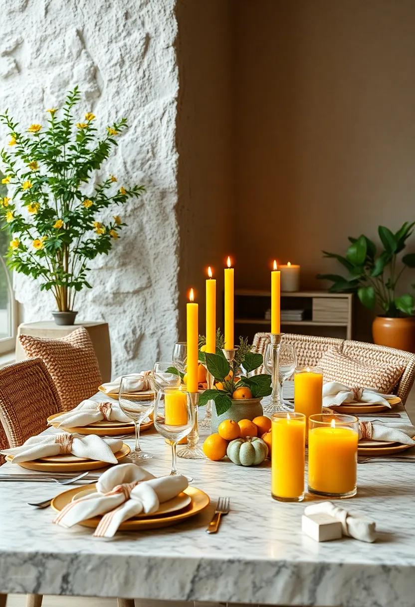 Brightly colored Candles in Yellow and Orange Shades Casting Warm Glows Across Summer Tables