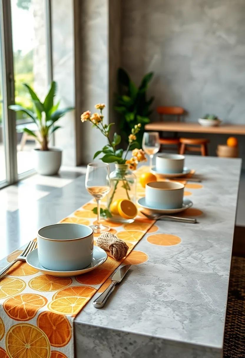 Elegant Cutlery Laid on Citrus Print Runners ‍Complemented by Natural Fiber Coasters