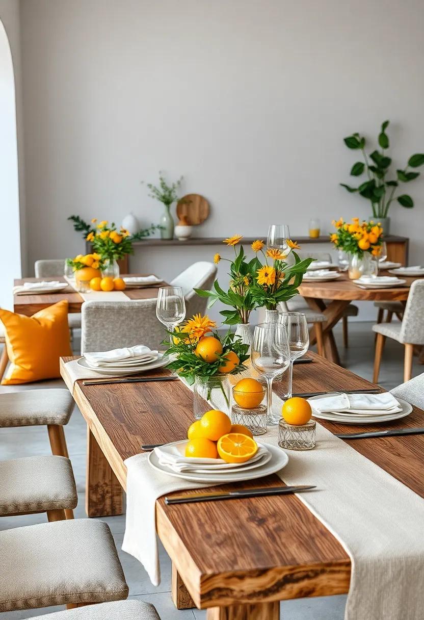 Rustic wooden Tables Dressed with Fresh Citrus Centerpieces ⁢and Seasonal Greenery for a Natural Look