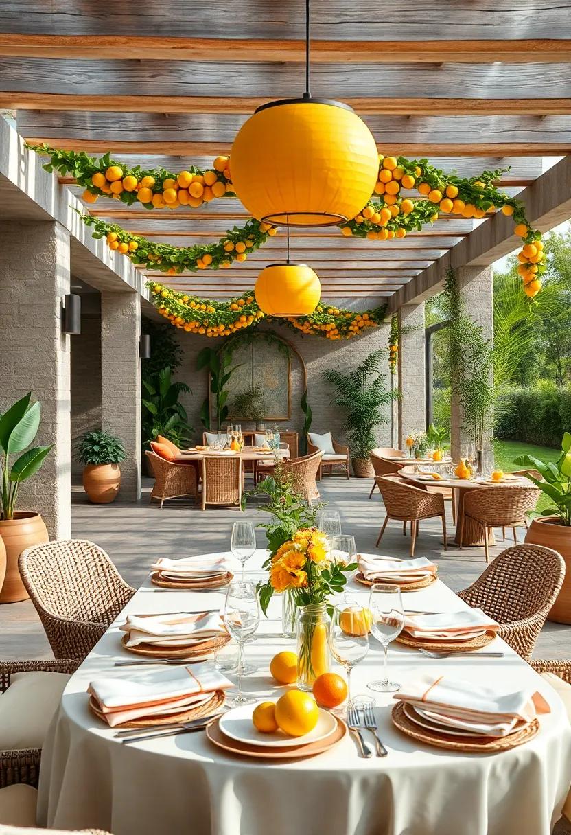 Fresh ‌Citrus Garland Draped Gracefully Around⁤ Pergolas and Outdoor Dining Areas for a Festive Touch