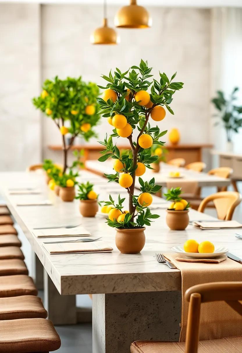 Miniature Citrus Trees in‌ Ceramic Pots sprinkled Along Long Dining Tables for a Mediterranean Feel