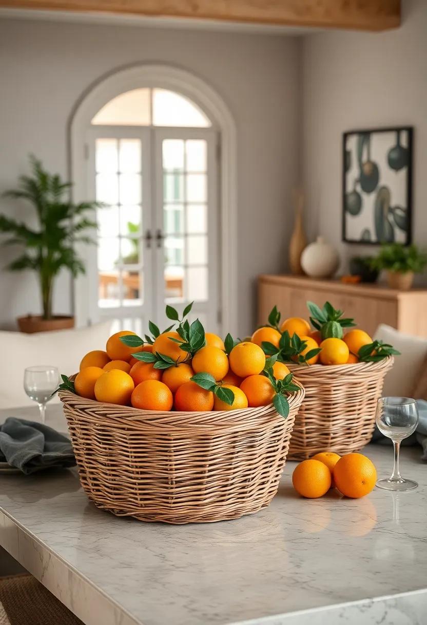 Wicker Baskets Overflowing with Mixed ‌Citrus Fruits Creating a Casual Yet Chic ‌Centerpiece‌ Vibe