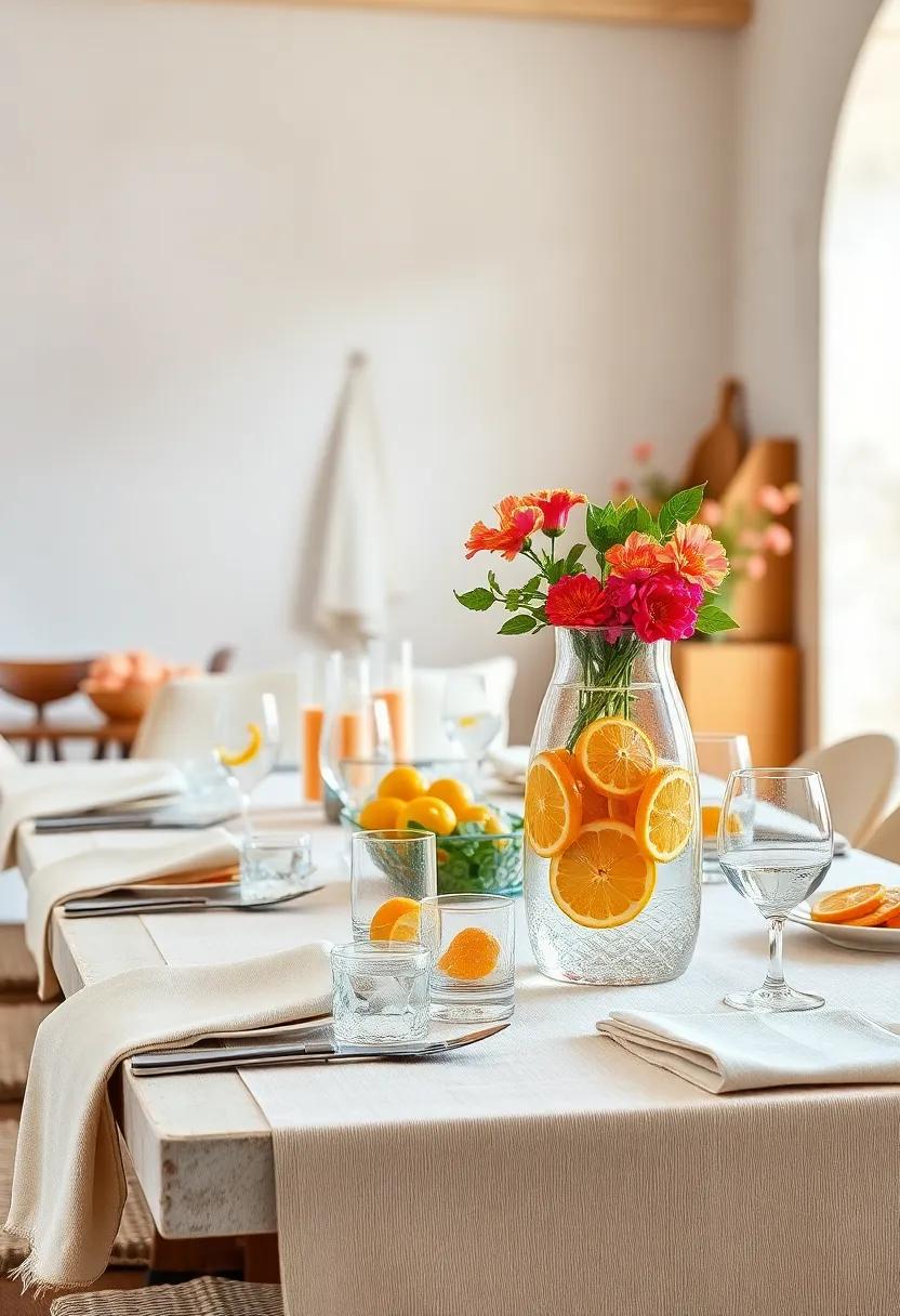 Clear Glass Pitchers Filled with Citrus Slices and Sparkling Water Mirroring the Freshness of the Theme