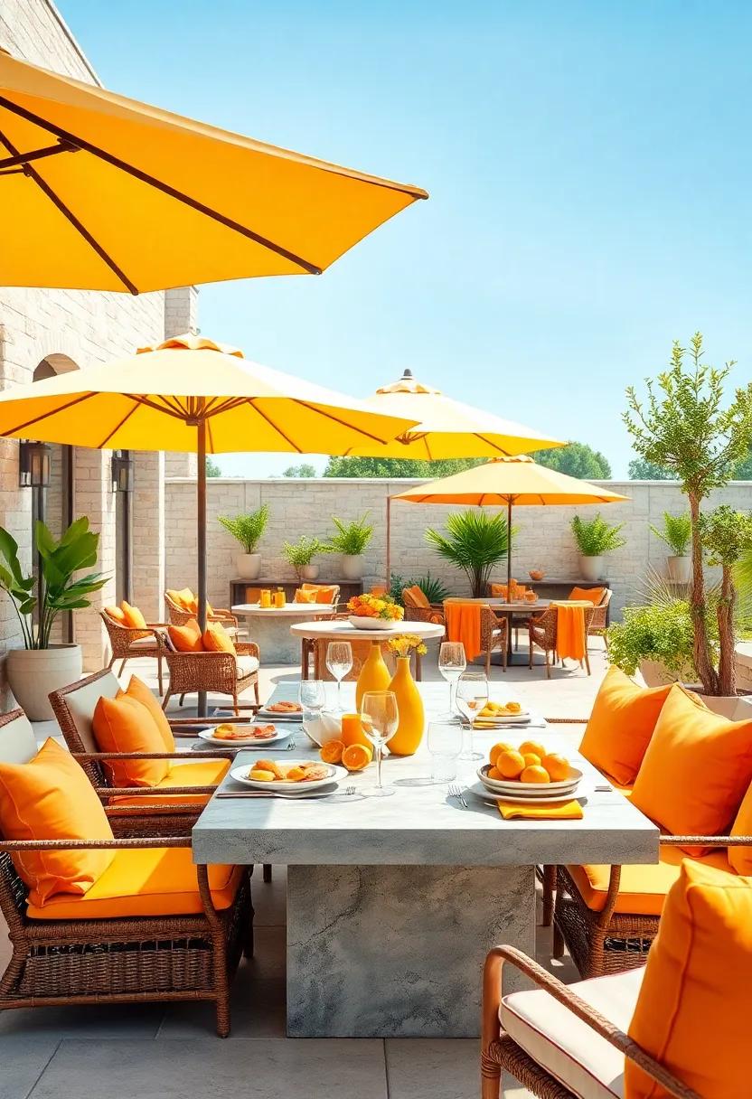 Bright and Breezy Outdoor Dining Setups Accentuated with Citrus-Colored Umbrellas and Cushions