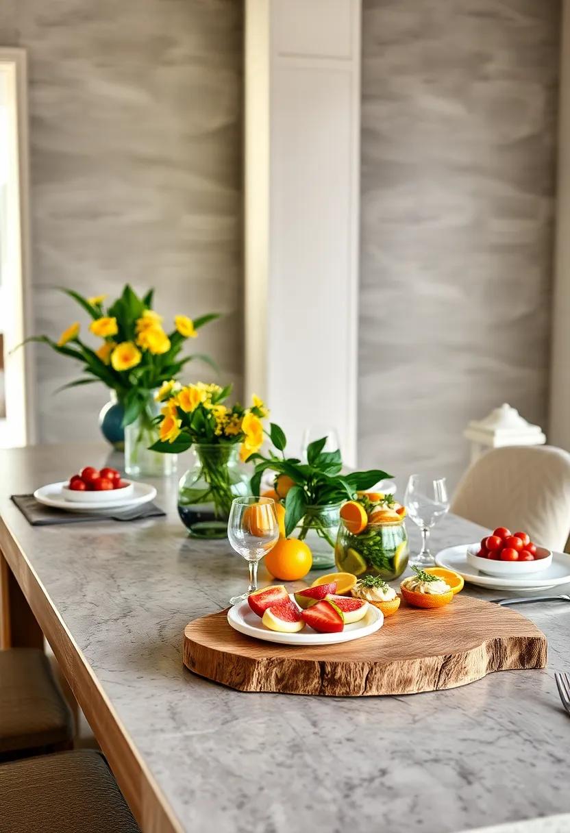 Citrus Carved wooden Serving Boards Displaying‌ seasonal Fruits and Gourmet Appetizers Creatively