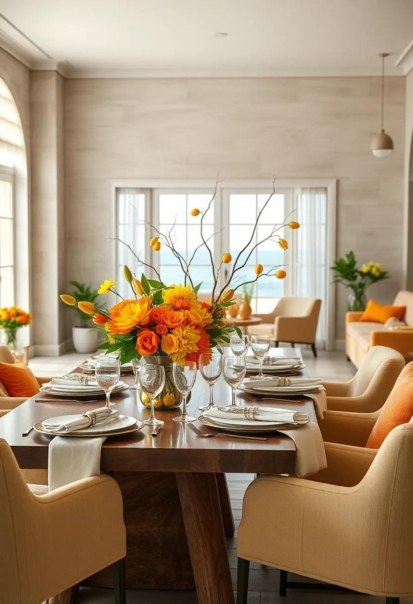 Lemon Yellow and Tangerine Orange Floral Arrangements Intertwined with Citrus Branches as Statement Centerpieces