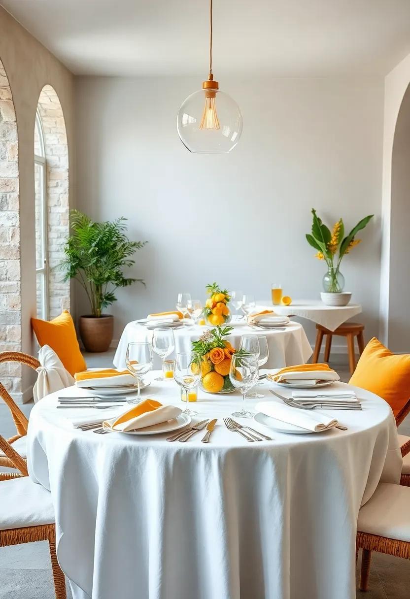 Summer Tables Dressed⁢ in Contrasting Citrus Hues of Yellow, Green, and ⁢Orange Against Minimalist​ White Linens