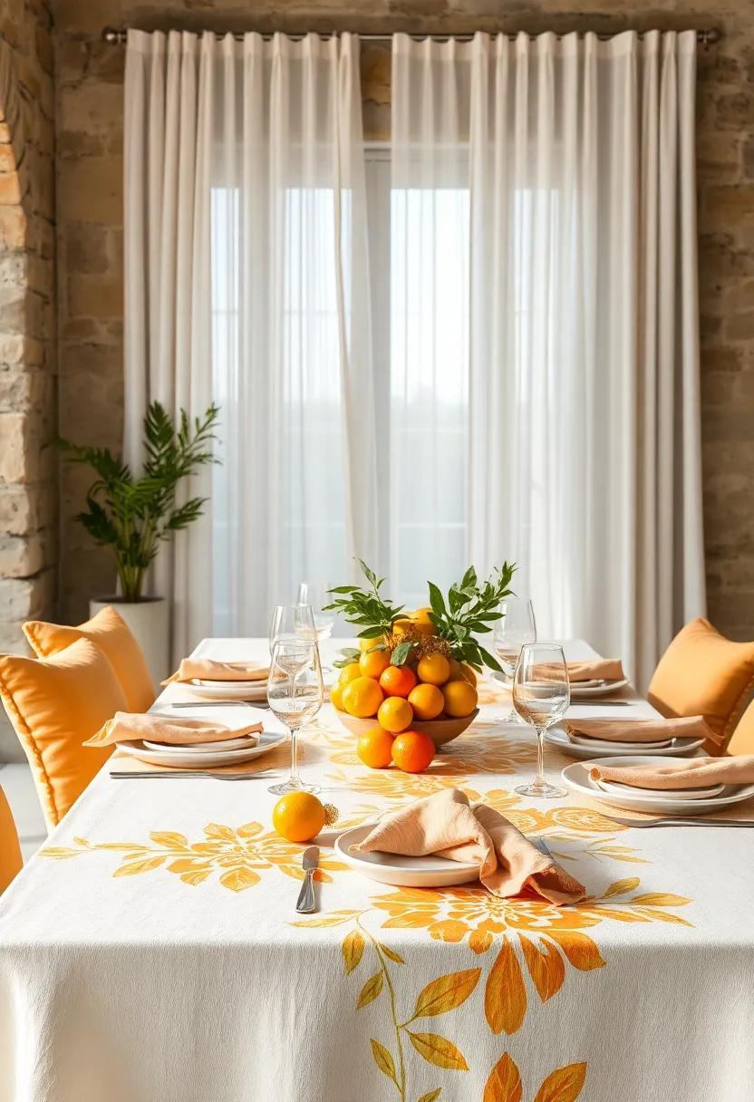 Sunlight Filtering Through Sheer Curtains onto Citrus-Inspired Table Linens with Bold Patterns